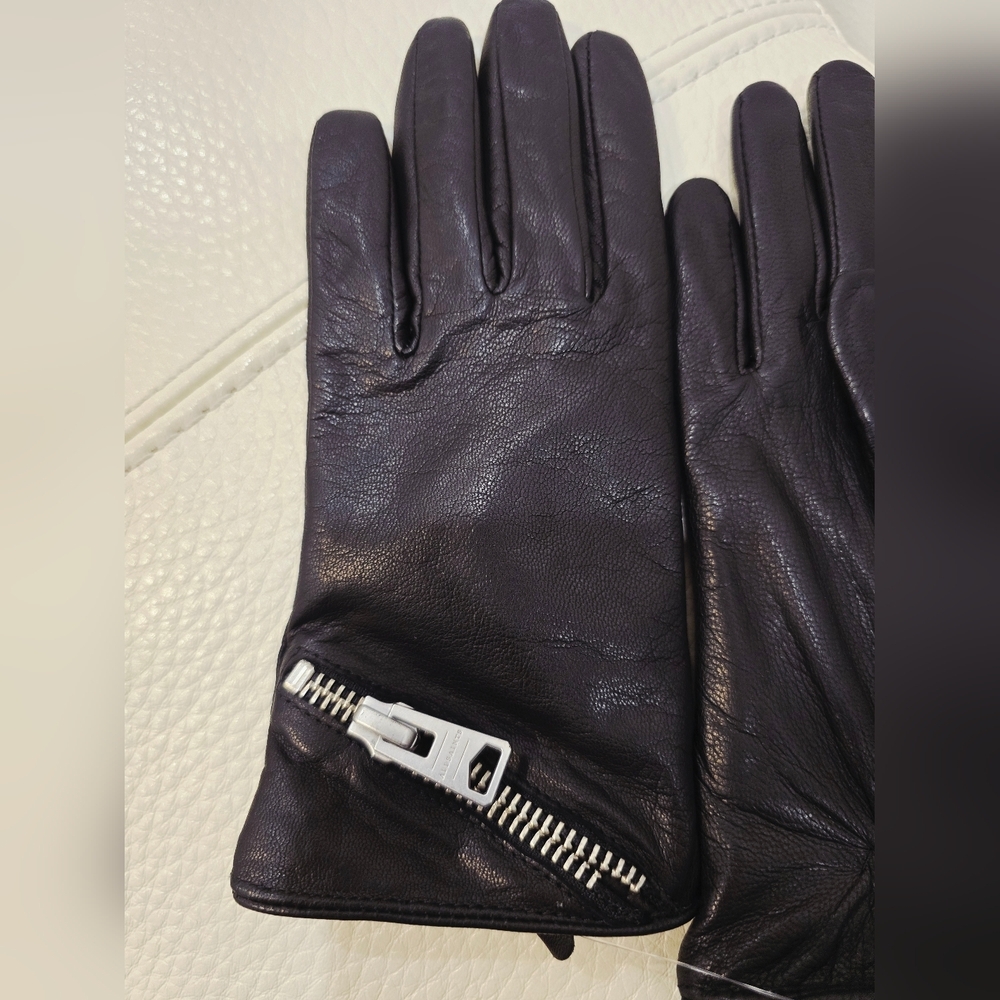 All Saints Geniune Leather Gloves Assymetric Zipper Black Size S - Picture 3 of 5